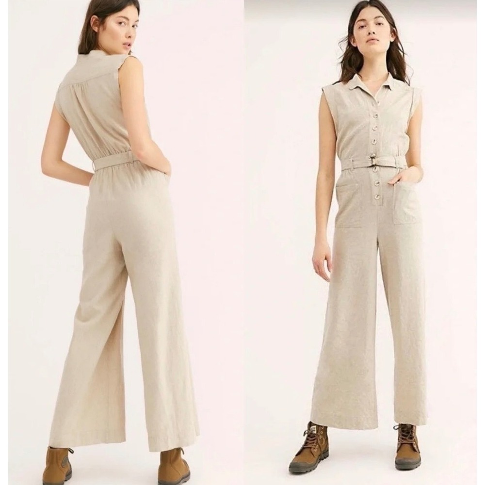 Free‎ People Linen Front Button Jumpsuit Size Large Pristine Condition